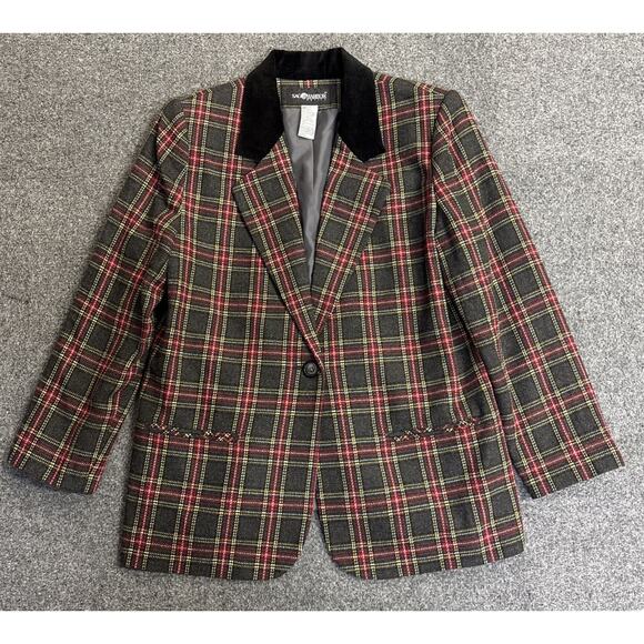 VTG Sag Harbor Women’s 14 Petite Red Plaid 90s Wool Blend Blazer Career - Picture 1 of 8